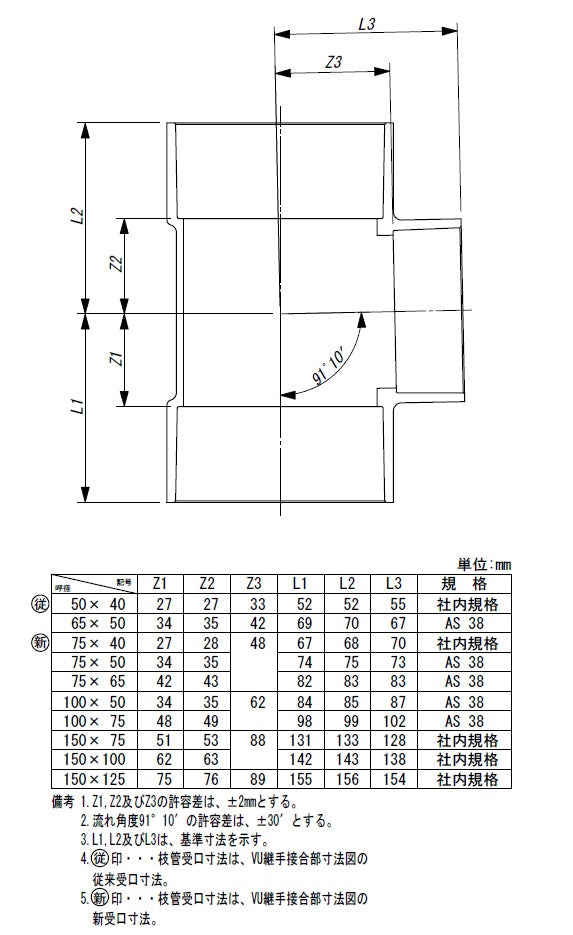 東栄管機 VU継手 90゜Y異径チーズ 呼び径150X100