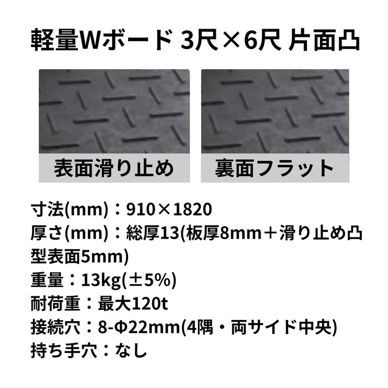 ウッドプラスチック 樹脂製敷板 軽量Wボード36 3×6尺 片面凸 1枚／10枚セット カラー黒／灰／緑 板厚8mm 910mm×1820mm×13mm 接続穴4カ所 ぬかるみ でこぼこ 農園 砂利 農道 あぜ道【代引き不可】