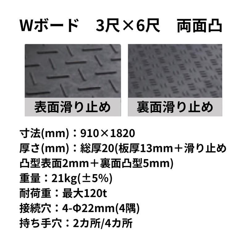 ウッドプラスチック 樹脂製敷板 Wボード36 3×6尺 両面凸 10枚セット 黒／灰／緑 板厚13mm 910mm×1820mm×20mm 持ち手穴2・4 ぬかるみ でこぼこ 農園 砂利 農道 あぜ道【代引き不可】